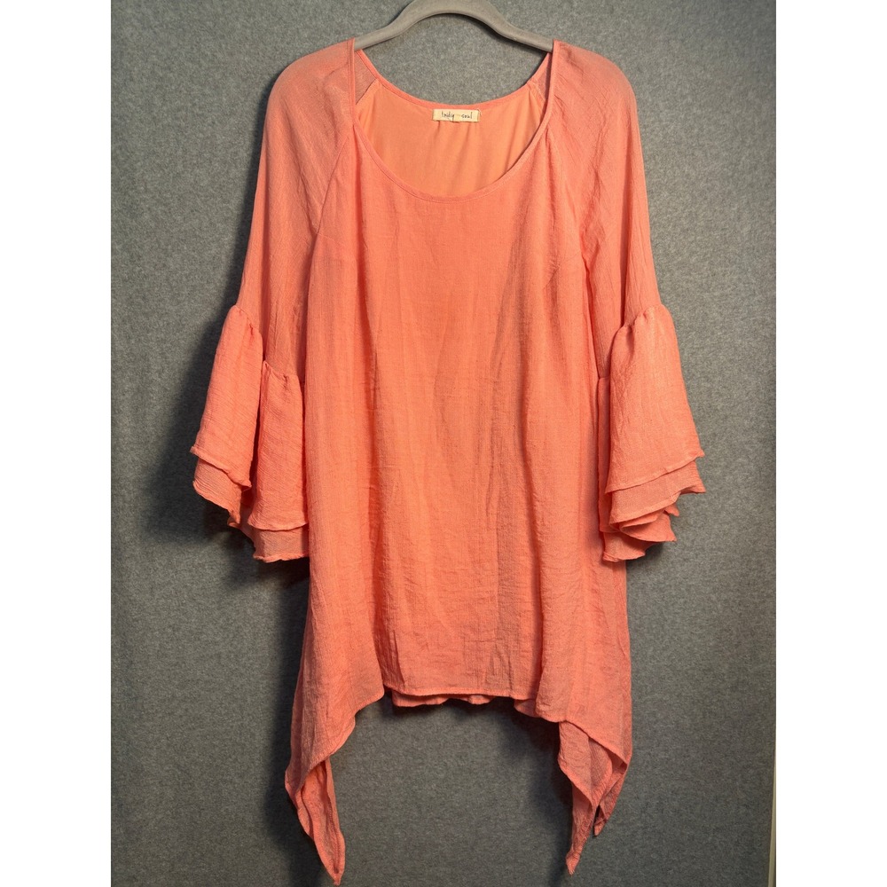 Indigo Soul Coral Boho Tunic Top Large Bell Sleeve Gauze Festival Blouse